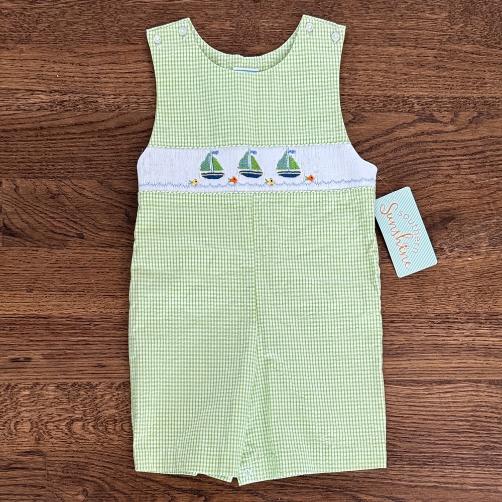 New With Tags Green Gingham Smocked Embroidered Sailboat Romper